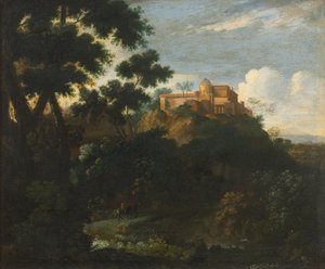 Paisaje montañoso boscoso con viajeros en un camino, una villa al fondo